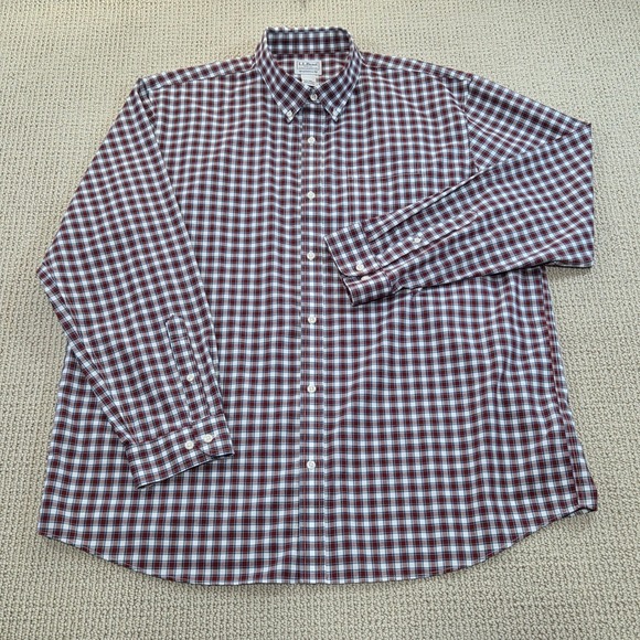 LL Bean Mens XL Regular Burgundy Plaid Button Down Long Sleeve Shirt Cotton - Picture 2 of 6